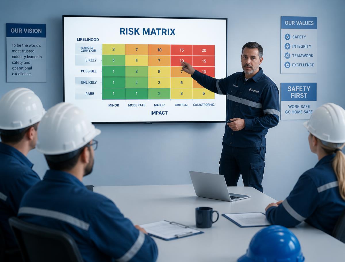 Trabajadores industriales en una sesión de capacitación sobre matriz de riesgos