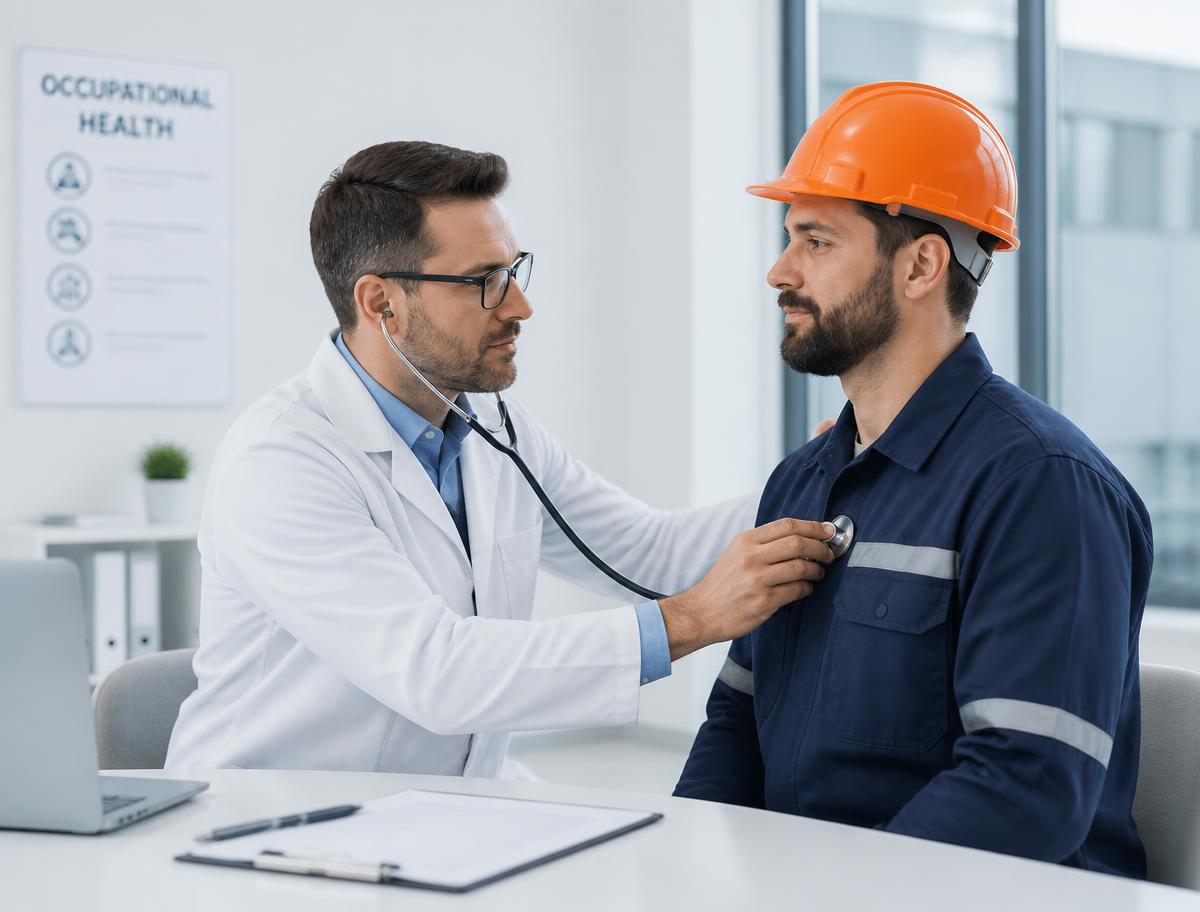 Médico ocupacional realizando un chequeo a un trabajador con casco de seguridad